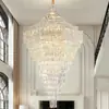 Lustre longo de cristal multicamadas ondulado, luxo leve, adequado para loft de pé-direito duplo, villa e salão grande, luminária oca de ferro