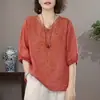 Blusa de seda y lino de manga corta holgada para verano, estilo vintage, ligera, bordada para mujer, del sudeste asiático, con etiquetas