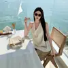 Top Casual Satinado de Cuello Halter con Cuello Oscilante Espalda Descubierta Pantalones Casuales de Cintura Alta Pierna Ancha Teñido Anudado Desgastado