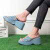 Sapatos Novos Femininos Europeus e Americanos Transfronteiriços Bico Redondo Tira Salto Anabela de Sola Grossa Chinelos Mule Bordados Rebites Sandálias Casuais
