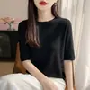 Novedades de Otoño Primera Línea Ropa Lista para Usar Lana Espiga Cuello Redondo Manga Corta Manga de Cinco Puntos Tejido Suéter Delgado Mujer
