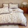 Conjunto de cuatro piezas de algodón floral retro de clase A, sábana pequeña de algodón fresco, gorro, funda de edredón, ropa de cama de tres piezas para dormitorio, 4