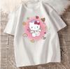 Algodón Lindo Hello Kitty Estampado Verano Camiseta de Manga Corta para Mujer Suelta Jersey Cuello Redondo Estilo Universitario para Estudiante