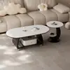 Mesa Lateral Móvil Simple de Gama Alta Lujo Ligero Moderna Ovalada de Piedra Sinterizada Sala de Estar Uso Doméstico Sensación de Gama Alta Apartamento Pequeño Mesa de Café