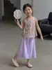 Conjunto Infantil 2026 Novo Estiloso Bebê Estilo Chinês Hanfu Aprimorado Conjunto de Verão Infantil Calça Wide Leg Menina Conjunto de Duas Peças