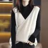 Chaleco sin mangas de punto liso retro con cuello en V cruzado y hebilla, holgado, casual, para ir al trabajo, chaleco de punto apilado 100% lana para mujer