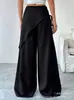 Calça Pantalona Slimming Patchwork Cinza para Mulheres, Novo Design de Outono com Cordão Cintura Alta Comprimento Total Calça Saia em Preto