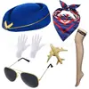 Cosplay de Aeromoça Mais Quente da Amazon Pronto para Baile de Máscaras Traje Pronto Peça Única Chapéu Óculos de Sol Lenço de Seda Broche