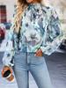 Explosiones de Moda Transfronteriza para Mujeres Europeas y Americanas Elegante Encaje de Primavera y Otoño Cuello Alto Estampado Manga Larga Camisa de Mujer