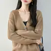 Cardigan de tricô grosso de algodão puro estilo preguiçoso com gola V para mulheres, jaqueta suéter casual de tricô folgada, peça superior quente