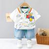 Traje Polo Casual de Verão 2024 para Meninos Novo Estampa de Avião de Desenho Animado Listras Coloridas Comércio Exterior