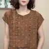 Estilo Novo de Verão, Blusa Elegante e Versátil com Pregas e Bolinhas, Emagrecedora, de Manga Curta e Gola Redonda para Mulheres