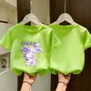 Camiseta de Algodão Puro de Manga Curta para Meninas Verão Novo Estilo Estampada Top Infantil Soltinho, Respirável, Versátil e Confortável Camisa de Meia Manga