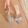 Zapatillas de media punta con punta y lazo estilo francés para mujer, sandalias elegantes de tacón fino para usar en exteriores, zapatillas de tacón alto, talla grande 41-43