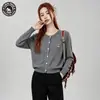 Suéter de Punto Casual Delgado Versátil Cuello Redondo Bordado de Dibujos Animados Cárdigan Delgado para Mujer Otoño Invierno Blanco Talla Única