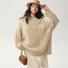 Suéter de cashmere com trança e gola redonda estilo preguiçoso para mulheres, caimento solto, grosso e quente, de lã para outono e inverno
