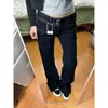 Jeans boca de sino de cintura dupla de baixa altura estilo high street americano para mulheres, calças largas de perna larga estilo retrô de verão slim fit azul escuro