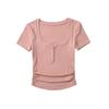 Camiseta de manga corta con cuello en U y hebilla grande para mujer, estilo americano, diseño de chica sexy, verano 2024, top plisado ajustado con hombros descubiertos