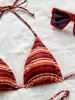 Maiô feminino de três peças, listrado multicolorido, biquíni triângulo popular com alças, biquíni sexy para férias na praia