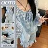 Novo pijama doce de outono estilo francês para mulheres, com estampa xadrez azul e branco, design de um ombro só, detalhe de amarração, corte solto, mangas compridas e calça comprida - um conjunto de loungewear confortável