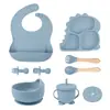 Plato de Cena de Silicona con Dibujo de Dinosaurio Set de 9 Piezas para Bebé Aprendiendo a Beber Compartimento Anti-Caídas Ventosa Plato para Comida Vajilla de Alimentación