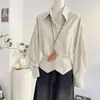 Camisa a Rayas Ceñidora a la Cintura 2026 para Mujer, Diseño Otoñal de Manga Larga con Abertura, Camisa Elegante y Estilosa para el Trabajo, Top Coreano de Hombros Descubiertos