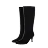 Novas Botas de Salto Alto de Camurça com Lantejoulas Bico Fino Salto Agulha Botas de Cavaleiro Tamanho Grande 40-43 Botas de Exportação Wish