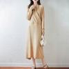Vestido de Punto de Lana Pura con Cuello en V Cruzado para Otoño e Invierno, Nuevo, Manga Larga, Color Puro, Cintura Cálida, Falda de Longitud Media para Mujer