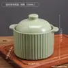Panela de Cerâmica Estilo Nórdico Simples com Listras Verticais e Tampa para Uso Doméstico, Adequada para Ninho de Pássaro, Sobremesas, Sopa e Sopa Tônica