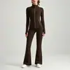 Conjunto de yoga de doble cara cepillado estilo Lulu para mujer, chaqueta con cremallera dorada, conjunto de pantalones de tiro alto que levantan los glúteos y microacampanados