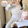 Pijama Estilo Princesa para Mujer, Primavera y Otoño, con Almohadillas en el Pecho, Mangas Largas, Corte Holgado, Estilo Delgado, Dulce y Casual Conjunto de Ropa para el Hogar para Mujer