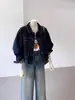 Chaqueta de Mezclilla Retro Azul Oscuro de Trabajo para Mujer, Diseño Casual con Bolsillos para Primavera y Otoño, Chaqueta Corta Petite para Mujer