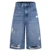 Pantalones Capris de Mezclilla Cargo Rasgados Estilo High Street Americano para Hombres y Mujeres, Verano Delgado Diseño Suelto Pierna Ancha Pantalones Scimitar