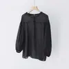 Blusa Top Artística Lavada de Linho Estilo Japonês para o Dia a Dia, Soltinha, Juvenil, com Ombro Caído e Manga Lanterna, Transparente Fina