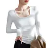 Camiseta Cuadrada de Algodón de Canalé Fino de Alta Elasticidad para Mujer, Manga Larga, Nuevo Estilo Otoño/Invierno 2026, Ropa Exterior, Hombro Normal, Ajuste Delgado Camiseta Base Superior