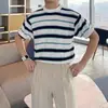 Camiseta de Rayas de Manga Corta con Cuello Redondo, Versátil para el Verano, Estilo Ligero y Maduro, Moda Coreana, Tejida, Transpirable, Retro, Casual, de Manga Corta