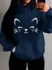 Moletom Feminino Longo de Lã para Primavera 2026 Moda Outono Inverno Moletom Casual Feminino com Bolso e Design de Gato Feliz