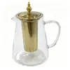 Tetera de vidrio dorada con cuerpo de vidrio transparente de borosilicato alto y filtro de acero inoxidable, adecuada para preparar tés florales en la oficina