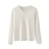 Camiseta base para mujer con forro de polar, top de manga larga con cuello en V, camiseta base blanca con forro de polar para otoño e invierno