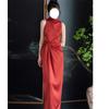 Bata de Vestir Roja para Novia "Rojo Muro del Palacio" Estilo Chino Mejorado Nuevo Estilo Chino Vestido de Compromiso Sin Mangas Aspecto Adelgazante Falda Larga para Mujer