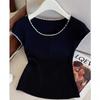NUNBAI Estilo Francés Estilo Camiseta de Manga Corta Tejida de Seda de Hielo para Mujer Verano Pequeño Top Estilo Occidental
