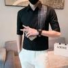 Camisa de Perforación Caliente de Alta Gama para Hombre 2024 Nueva Llegada Manga Siete Puntos Camisa Ajustada Verano Negro Camisa de Hombre Estilista