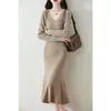Vestido de cachemira con cuello, jersey para mujer, nuevo, versátil para otoño e invierno, de manga larga, casual, largo, de punto de lana
