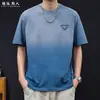 Camiseta de Manga Corta de Algodón Puro Estilo Americano para Hombre, Marca de Moda de Verano, Degradado Lavado, Corte Holgado, Talla Grande, Cuello Redondo, Camisa Transpirable, Nuevo Modelo 2026