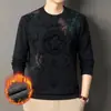 Moletom Pulôver Masculino Espesso Estampado Floral com Lã, Nova Camiseta Casual de Manga Longa da Moda Estampada para Homens Jovens e de Meia-Idade