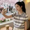 Camiseta de Manga Corta a Rayas con Bloques de Color Estilo Coreano, Lazo, Estilo Casual Universitario para Mujer, Nuevo Verano, Ajustada, Versátil, Polo de Punto