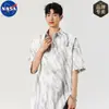 Camisa de Manga Corta Tie-Dye de Seda Helada con Sentido del Diseño de la Marca NASA para Hombre, Verano, Delgada, Moderna, Marca, Camisa Chaqueta Holgada