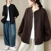 Foto real de chaqueta tipo cárdigan de punto de algodón de color liso, estilo casual para mujer de talla grande, otoño, holgada, con cuello alto, manga larga
