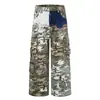 Pantalones de Trabajo Largos Camuflaje Patchwork Desgastado Wasteland para Hombre Multi-Bolsillo Jeans de Pierna Recta Pierna Ancha Personalidad Punk de Moda
