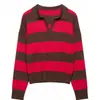 Bestseller transfronteiriço do AliExpress europeu e americano: Blusa de tricô com gola polo listrada, estilo de garota sexy retrô americana